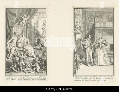 . Foglie agugliate con due stampe. Sinistra: La personificazione femminile della Francia è accompagnata da Venere. Si è allontanata da Marte che sta piangendo sullo sfondo. Amor sta volando sopra di loro. In primo piano Putti simboleggia le conseguenze dell'amore sciolto: Invidia, vuoto, tradimento, fedeltà e morte. Una didascalia di quattro righe in francese al margine. Destra: Luigi XIII, re di Francia, e la sua amante Marie de Hautefort. Sono in piedi presso un caminetto nella camera da letto. Nel margine una didascalia a tre zampe in francese. Foto Stock