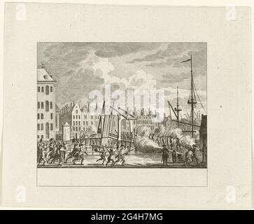 . La conquista del ponte di hamburger gatto per l'isola di Kattenburg sull'arancio ribelle famoso dai cittadini armati di Amsterdam, 30 maggio 1787. Foto Stock