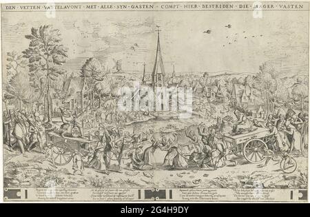 . La battaglia tra carnevale e digiuno. A sinistra i piedi grassi come un uomo grasso seduto su una vasca su un carrello, disegnato da gente di festa. A destra la magra veloce come la vecchia donna, seduta su un carro, disegnata da donne in lotta. Centro dietro un villaggio con la chiesa. Foto Stock