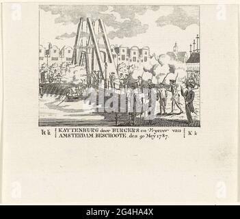 . La conquista del ponte di hamburger gatto all'isola di Kattenburg sugli spiriti arancioni ribelli attraverso i cittadini armati di Amsterdam, 30 maggio 1787. Immagine appartenente alla lettera k di un libro ABC. Foto Stock