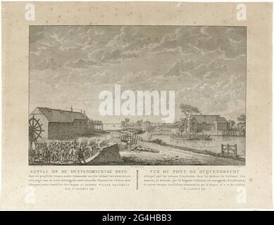 . Attacco al ponte di Duivendrecht da parte delle truppe prussiane sotto il comando del colonnello van Borstel, difeso dai tiratori della Brigata Gelderse e di Amsterdam sotto il comando del maggiore Herman Willem Daendels, 1 ottobre 1787. Parte di un gruppo di sette stampe dei combattimenti con le truppe prussiane intorno ad Amsterdam nel 1787. Foto Stock