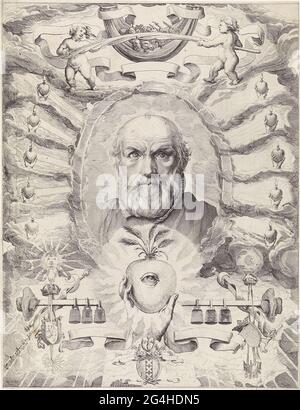 . Ritratto di Dirck Volckertsz. Coornhert circondato da dieci cuori brucianti tenuti dalle mani. Sotto il ritratto un cuore con l'occhio tutto-seeing dove le orecchie di mais. Sopra i due putti ritratto tenendo un ramo di palma. In fondo alle armi della città di Amsterdam, un banderolo e un equilibrio con tre pesi su ogni lato. A sinistra il sole e a destra la luna. Foto Stock
