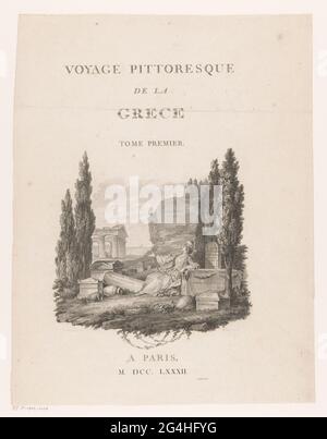 Paesaggio costiero con rovine e una rappresentazione allegorica della Grecia come donna incatenata in un cimitero; pagina del titolo per: Marie-Gabriel-Florent-Auguste de Choiseul-Gouffier, Voyage Pittoresque de la Grèce, 1782.. Foto Stock