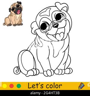 Carino piccolo seduto e sorridente cane pug. Colorare la pagina del libro con il modello colorato per i capretti. Illustrazione vettoriale isolata. Per colorare libro, stampa, g Illustrazione Vettoriale