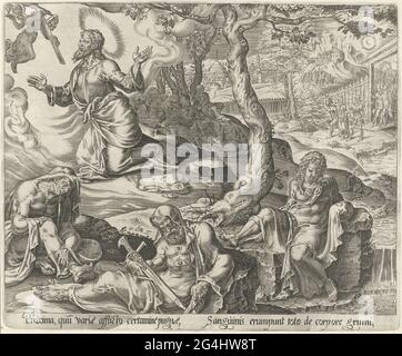 . Cristo prega nella morte alla corte di Getemane. Un angelo gli presenta la croce e un calice. Petrus, James e Johannes sono in primo piano per dormire. Giuda con un gruppo di soldati appare sulla destra. In fondo al margine un fresco in latino. La stampa fa parte di una serie sui sette sanguinamenti di Cristo. Durante la preghiera a Getsemane, il suo sudore è caduto mentre il sangue cade a terra. Foto Stock