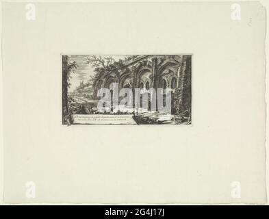Struttura con archi sulle colline albanesi; direzione in Grande di quella parte di Sustruzion (...); due grotte decorate sul Lago Albano; due gosponche ornate dagli antichi alla Riva del Lago Albano. Un edificio con cinque archi lungo una strada. Secondo il titolo che si riferisce ad un'altra stampa della stessa serie, si tratta di fondazioni della Villa di Clodio in collina Allaan, successivamente in possesso della famiglia Barberini. Titolo in basso a sinistra. Numerato in alto a sinistra: Attn. XI. Foto Stock
