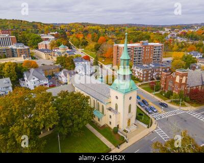 Trinity Lutheran Church at 73 Lancaster Street nel centro storico di Worcester, Massachusetts, Massachusetts, Stati Uniti. Foto Stock