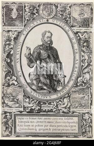 . Il principe Willem van Oranje (1533-1584) ebbe un ruolo centrale nei primi anni della ribellione olandese contro il re spagnolo. Qui è raffigurato come un capo della rivolta, vestito in outs militari. Hendrick Goltzius deve essere stato onorato di essere stato già autorizzato a ritrarre il Principe d'Orange all'età di 23 anni. Le piccole rappresentazioni nell'impressionante cornice si riferiscono alle storie bibliche. L'incisione di Willem van Oranje ha il ritratto di Charlotte de Bourbon come pendente, sua terza moglie. (RP-P-1940-258) Foto Stock