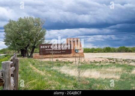 La Junta, Colorado - 18 maggio 2021: Cartello di benvenuto per Bents Old Fort National Historic Site Foto Stock