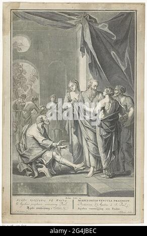 . AGABUS predice Paolo che sarà legato alle vostre mani e ai vostri piedi a Gerusalemme. Performance biblica fuori mano. 21:10 con il titolo della mostra in sei lingue nel margine. Foto Stock