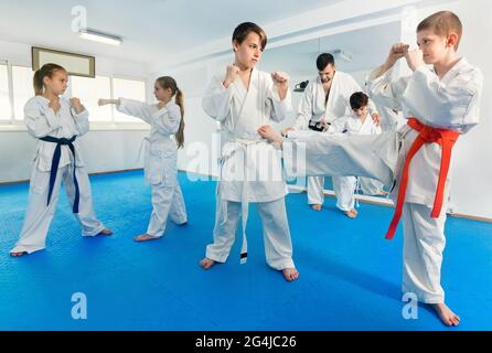 Adolescenti che praticano nuove mosse di karate in coppia in classe Foto Stock