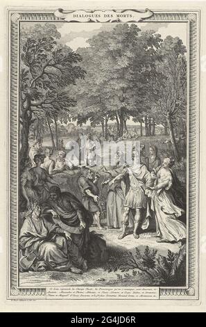 . Spettacolo allegorico con filosofi e scrittori deceduti che discutono tra loro nell'Elysium. A sinistra in primo piano il greco Lierdermeer Anakreon in conversazione con Aristotele. Nel mezzo Omero e Aesop, Alessandro il Grande e Courtisane Phryne. Più figure storiche sullo sfondo. Nel margine una didascalia a tre zampe in francese. Foto Stock