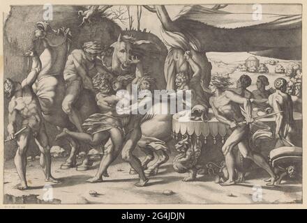 Tetto di una donna di uomo e Sater; Battaglia tra Lapithen e Centaurs. Nel mezzo una donna è derubata da un uomo e da un Sater. Sulla destra, diverse figure intorno a un tavolo. In primo piano un uomo ha tirato la spada, e un uomo ondeggia un pugnale dietro il tavolo. Collega due cavalli. Foto Stock