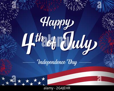 Felice 4 luglio Independence Day biglietto d'auguri con lettere e fuochi d'artificio. Stati Uniti d'America 4 luglio, Stati Uniti d'America sfondo delle vacanze Illustrazione Vettoriale