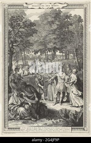 . Spettacolo allegorico con filosofi e scrittori deceduti che discutono tra loro nell'Elysium. A sinistra in primo piano il greco Lierdermeer Anakreon in conversazione con Aristotele. Nel mezzo Omero e Aesop, Alessandro il Grande e Courtisane Phryne. Più figure storiche sullo sfondo. Nel margine una didascalia a tre zampe in francese. Foto Stock