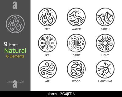 Simboli naturali icona stile lineare. Terra, acqua, vento, fuoco 4 elementi segno. Design monolinea a forma di cerchio Illustrazione Vettoriale