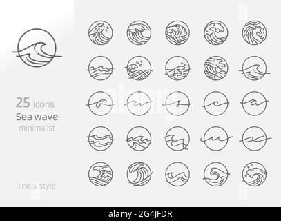 Linea dell'onda del mare illustrazione vettoriale minimalista dell'arte. Icona circolare oceano e simbolo e creatività concetto di disegno acqua linea alfabetica. Illustrazione Vettoriale