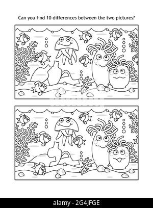 Trova dieci differenze puzzle subacqueo visivo e pagina da colorare, vita marina, in bianco e nero, adatto sia per bambini e adulti Foto Stock