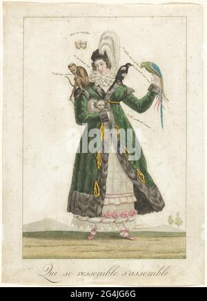 Allegoria sulla donna; qui se RESSEMBLE S'Assemblle. Donna in abiti alla moda che indossa diversi animali con le sue proprietà, tra cui una farfalla (volatilità), scimmia (naughty), pappagallo (naprati), magpie (chat malattia) e gatto (aspetto di morbidezza). Foto Stock