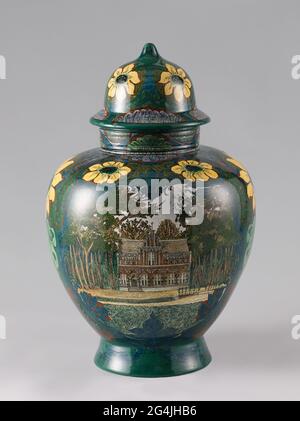 . Vaso di terracotta, appartenente ad un paio di tre, policromo dipinto con girasoli e rappresentazioni topografiche. Da un lato, la casa di Horst è dipinta a Voorschoten, dall'altro un padiglione nel giardino di Huis de Paauw. Girasoli sono stati dipinti tra e sopra le prestazioni. Foto Stock