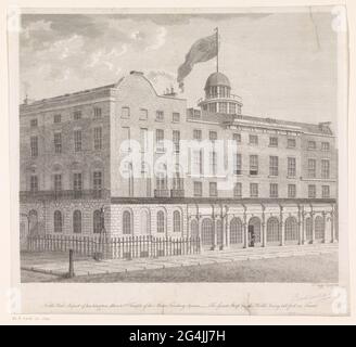 Esterno della libreria Lackington, Allen & Co. Per Londra; North-West Aspect o Lackington, All & cos. Tempio delle Muse, Piazza Finsbury. Vista della libreria Lackington, Allen & Co., vista dall'ingresso di Finsbury Square. Sotto la facciata è 'i più economici librai nel mondo' e in cima: 'Tempio delle Muse'. Una bandiera sventolante dalla torre. Foto Stock