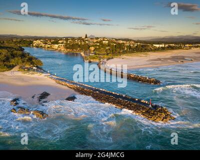 Cudgen Creek Mouth a Kingscliff vista aerea Foto Stock