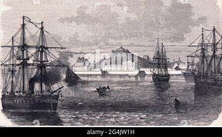 Terza Guerra dei Carlist 1872 - 1876, la fregata tedesca in ferro SMS 'Friedrich Carl' nel porto di Cartagena, IL DIRITTO D'AUTORE DELL'ARTISTA NON DEVE ESSERE CANCELLATO Foto Stock