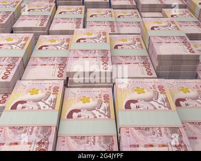 Denaro della Thailandia. Bollette Thai Baht. Banconote THB. 100 bahts. Affari, finanza, notizie di fondo. Foto Stock