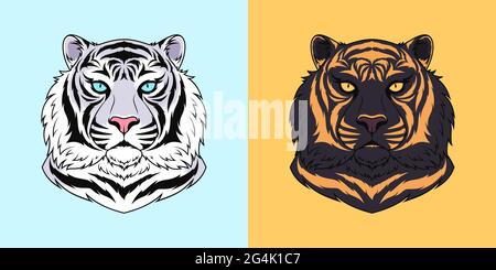 Testa tigre bianca e nera con occhi blu e dorati, faccia tigre isolata. Gatto selvatico predatorio. Silhouette Tiger, logo e mascotte. Illustrazione vettoriale f Illustrazione Vettoriale