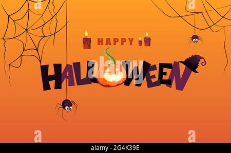 Happy Halloween testo scritta a mano con zucca, cappello streghe e candele. Buono per biglietto d'auguri. Illustrazione Vettoriale