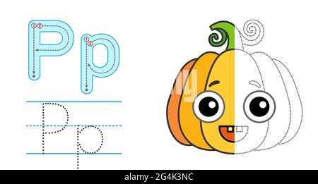 Tracciare la lettera e l'immagine e colorarla. Bambini educativi che tracciano il gioco. Alfabeto da colorare. Lettera P e Pumpkin divertente Illustrazione Vettoriale