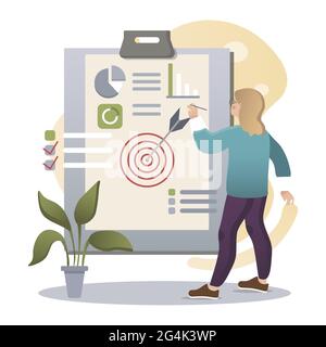 Strategia di marketing. Illustrazione colorata in stile piatto isolato. Soluzione di marketing. Analisi, calcolo dell'attività. Illustrazione Vettoriale