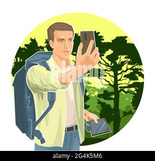 Selfie. Carino ragazzo turistico con smartphone e tablet. Zaino. Sullo sfondo del paesaggio. Foresta, alberi. Un uomo in viaggio. Stile piatto. Illustrazione Vettoriale