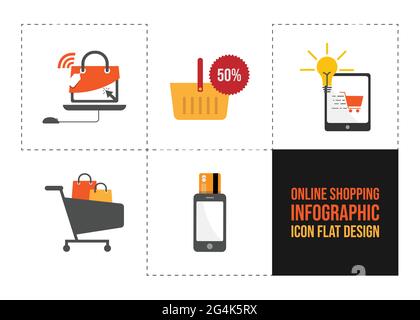 Set di icone piatte per infografica sui punti di acquisto online. Infographic Business Concept - Web Online Shopping - icone Illustrazione in Flat Design St Illustrazione Vettoriale