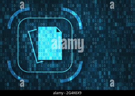 Illustrazione del sistema di gestione dei documenti (DMS) e dell'archiviazione dei file con dati di codice binario. Tecnologia per gestire le informazioni digitali in azienda o su di me Foto Stock