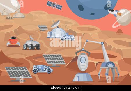 Illustrazione piatta del vettore di colonizzazione del pianeta. Marte rover, pannelli solari, razzi e robot sulla superficie del pianeta facendo ricerche scientifiche. Veicoli autonomi robotici per la scoperta dello spazio. Illustrazione Vettoriale