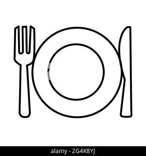 icona di piatto, forchetta e coltello su sfondo bianco. segno dei piatti da cena. simbolo delle posate. Foto Stock