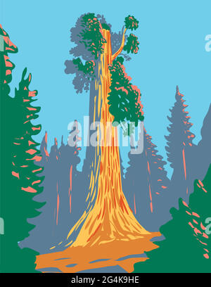 Poster WPA dell'albero General Grant, una sequoia gigante nella sezione General Grant Grove del Kings Canyon National Park in California, Stati Uniti Illustrazione Vettoriale