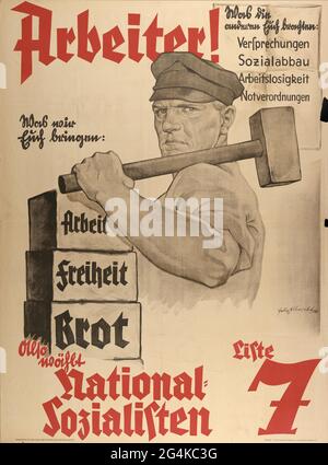 Che cosa vi portiamo: Lavoro - libertà - pane. Vota Socialisti nazionali Lista 7, 1932. Collezione privata. Foto Stock