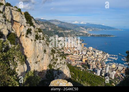 Vista panoramica aerea di Monte Carlo, Monaco da Tete de Chien. Foto Stock