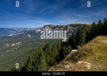 Catena montuosa della Serra d'Ensija vista dal massiccio del Rasos de Peguera in estate (Berguedà, Catalogna, Spagna, Pirenei) Foto Stock