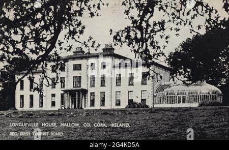 Longueville House, Mallow, County Cork, Irlanda, c1950. Vista sulla Longueville House, una residenza di campagna georgiana di 300 anni nella valle di Blackwater, nel sud-ovest dell'Irlanda. Foto Stock