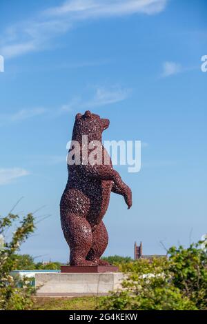 L'opera d'arte dell'orso Dunbar dello scultore scozzese Andy Scott è un tributo al naturalista e conservazionista John Muir Foto Stock