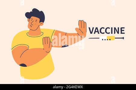 Il giovane spinge via la siringa con il vaccino con il gesto delle mani. Angered, spaventato, l'uomo rifiuta la medicina profilattica. Protesta contro la vaccinazione Illustrazione Vettoriale