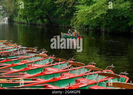 Il viadotto di Knaresborough, costruito per trasportare i treni attraverso il fiume Nidd fino alla stazione di Knaresborough. Girato da sotto le rovine del castello di Knaresborough. Foto Stock