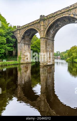 Il viadotto di Knaresborough, costruito per trasportare i treni attraverso il fiume Nidd fino alla stazione di Knaresborough. Girato da sotto le rovine del castello di Knaresborough. Foto Stock