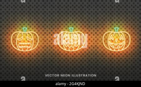 Halloween al neon Jack o Lanterna segno. Set di zucca brillante per Halloween Illustrazione Vettoriale