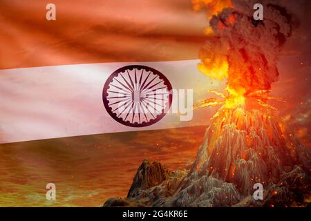 Eruzione stratovulcano di notte con esplosione su sfondo bandiera India, problemi a causa di eruzione e il concetto di terremoto vulcanico - illus 3D Foto Stock