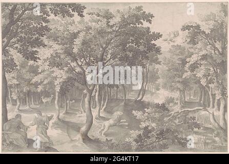 . La quinta visione di Ezra. In una foresta, un leone ruggisce verso il cielo, dove un'aquila ardente si divora con tre tazze. A sinistra in primo piano spiega un angelo al profeta Ezra (2 Ezra). Nell'angolo in alto a destra il tetragramma come simbolo di Dio Padre. Foto Stock