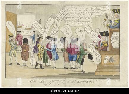 . Cartoon sulla conquista e saccheggio dell'isola di Sint-Eustatia da parte degli inglesi sotto l'ammiraglio George Bryges Rodney, il primo barone Rodney e il generale Sir John Vaughan nel 1781 durante la quarta guerra inglese-olandese. All'interno di una casa d'asta dove i beni dell'isola immersi dagli inglesi sono messi all'asta da Rodney e Vaughan. Tra gli acquirenti tranne l'inglese anche un olandese e un francese. Foto Stock